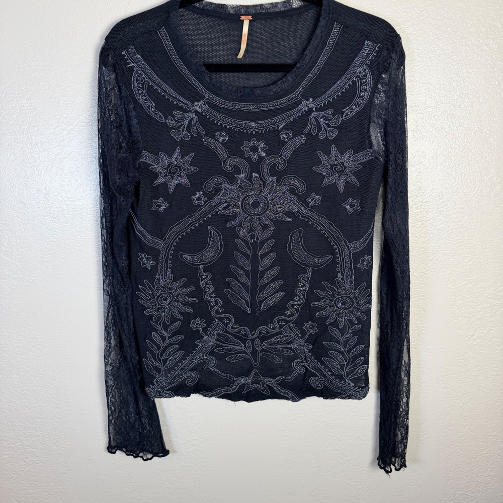 Free People Womens M Navy Mesh Celestial Embroidered Lace Long Sleeve Whimsigoth